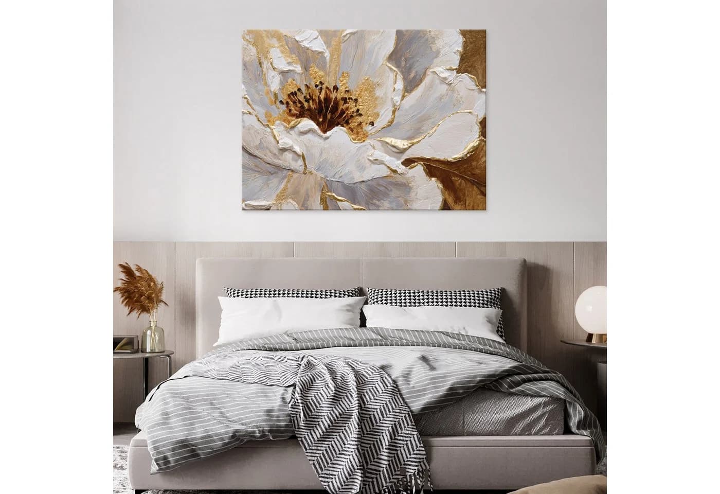 Wallarena Leinwandbild Weiß Blume Gold Aquarell Modern Wandbilder Wand Deko XXL