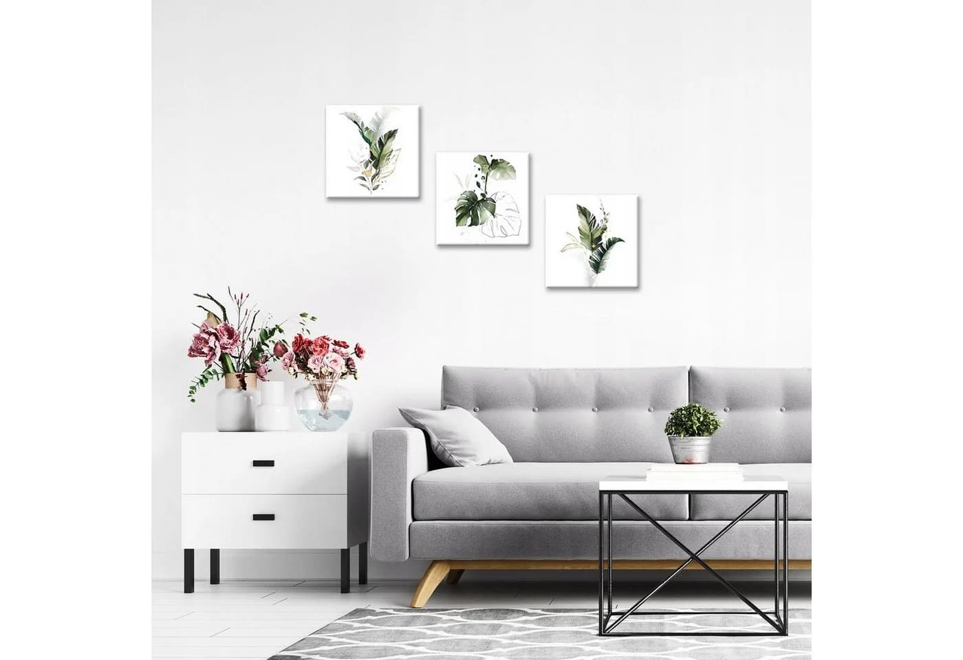 Wallarena Leinwandbild Blätter Pflanzen Weiß 3 Teile SET XXL Modern Natur