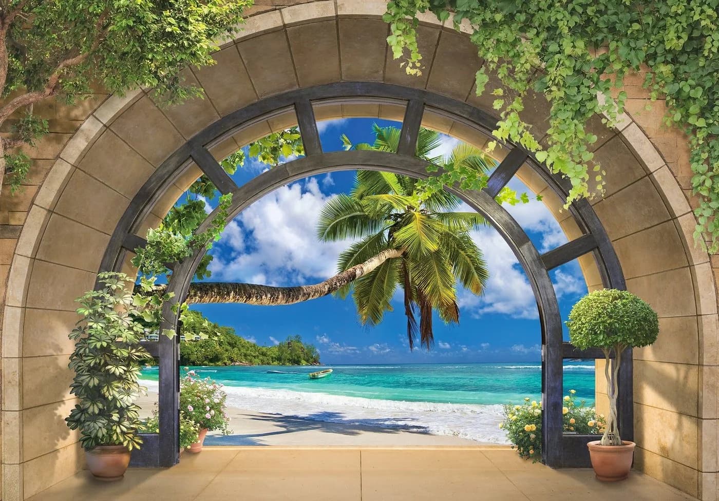Wallarena Vlies-Fototapete 3D-Effekt Fenster Strand Meer Blau - Bild 2