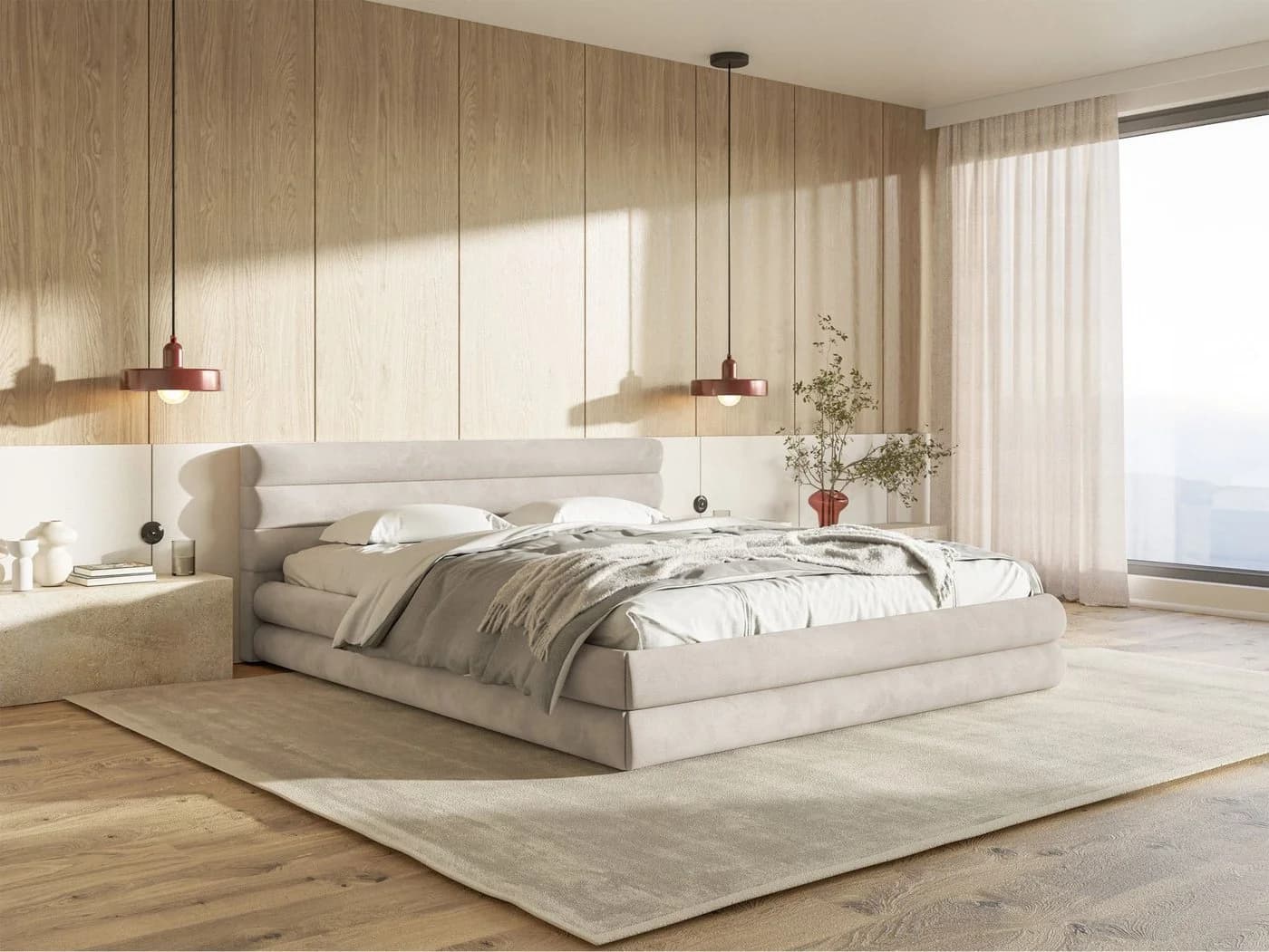Selsey Polsterbett ALEGRE mit Bettkasten und wasserfestem Samtbezug Hellbeige
