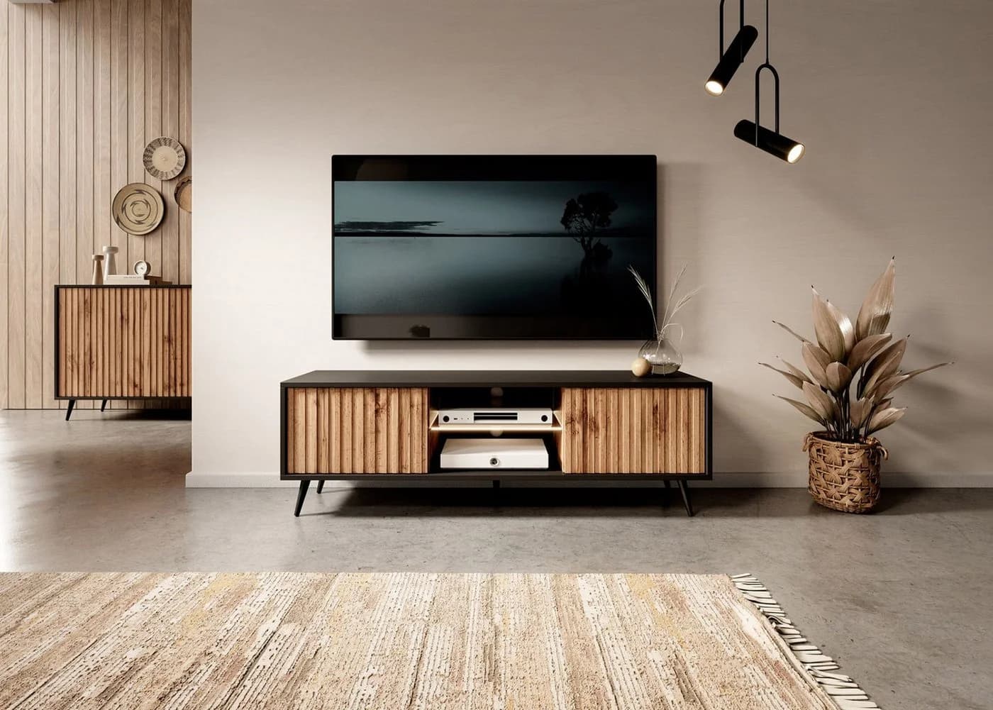 Selsey TV-Schrank BELLO Schwarz Lamellenfronten LED