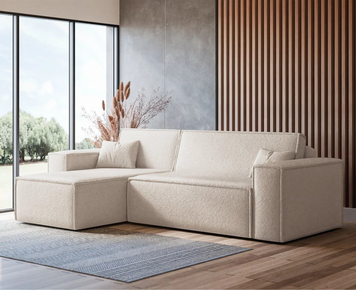 Selsey Ecksofa SCARLO mit Schlaffunktion, Bettkasten und Bouclé-Bezug