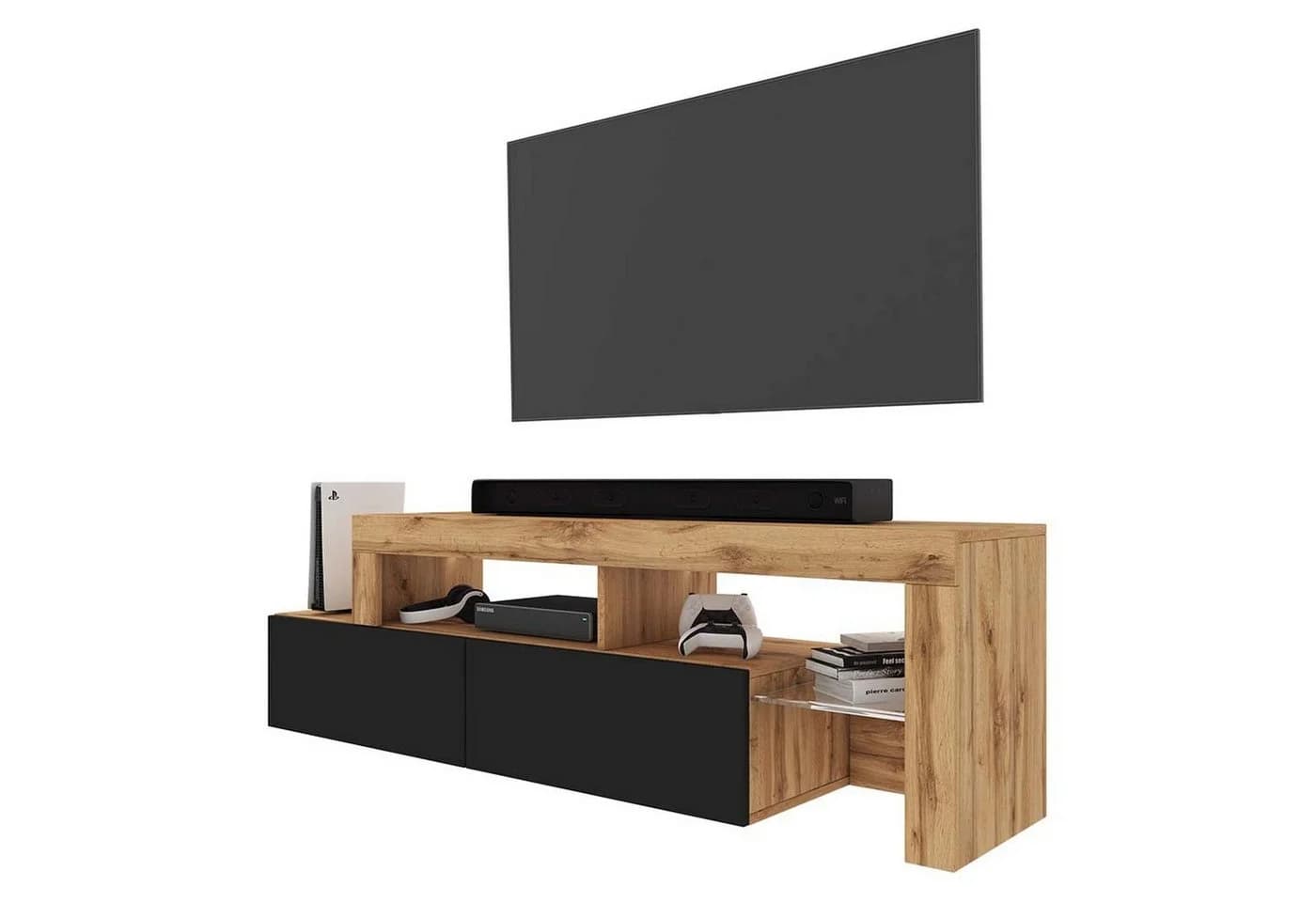 Selsey TV-Schrank ASTEN Asymmetrisches Lowboard Wotan-Eiche Schwarz