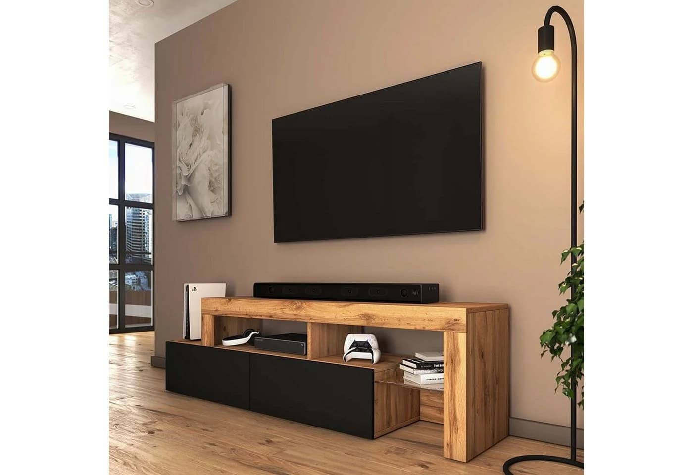 Selsey TV-Schrank ASTEN Asymmetrisches Lowboard Wotan-Eiche Schwarz - Bild 2