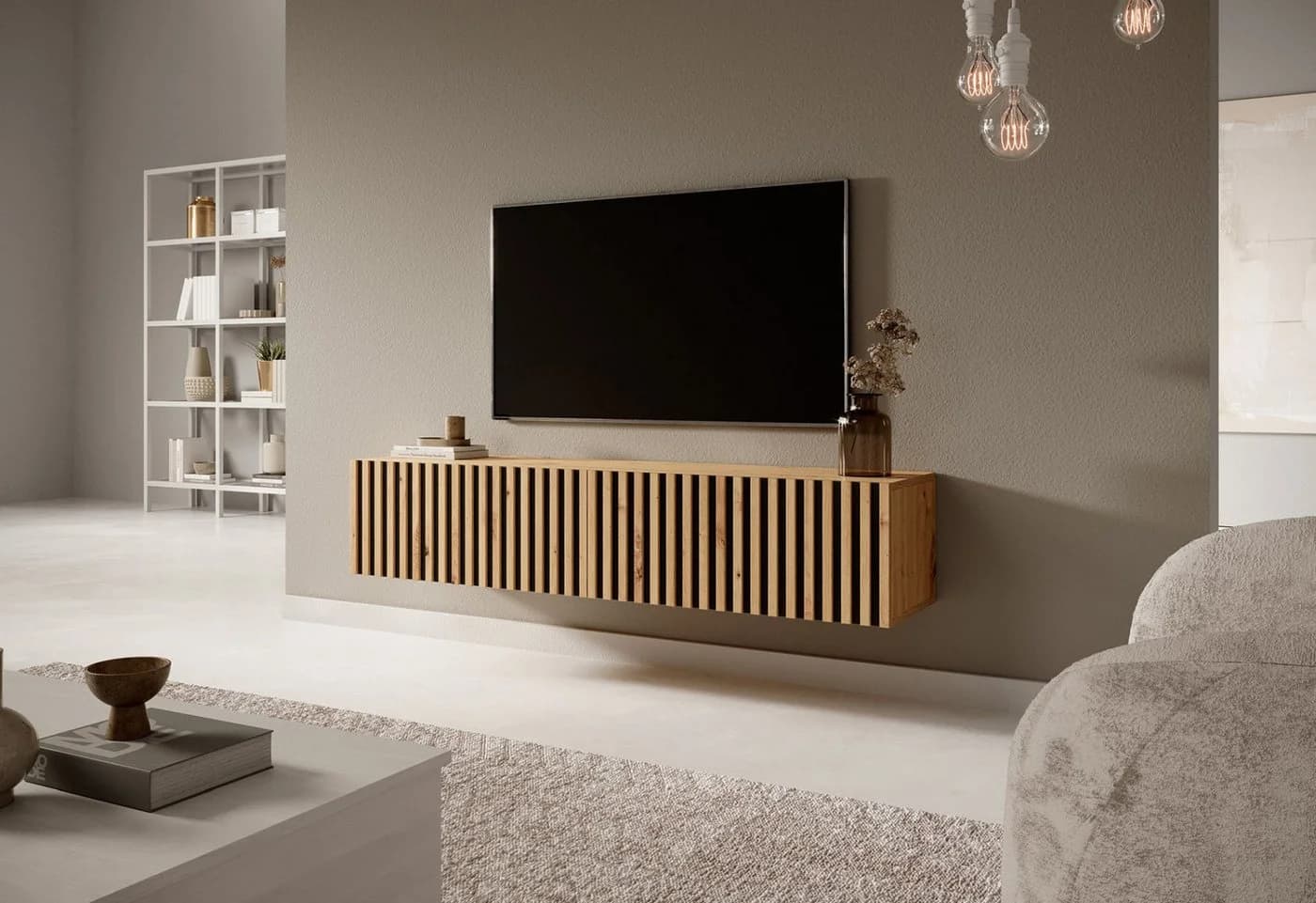 Selsey TV-Schrank TELIRE Hängend Matt Beige Lamellenfronten