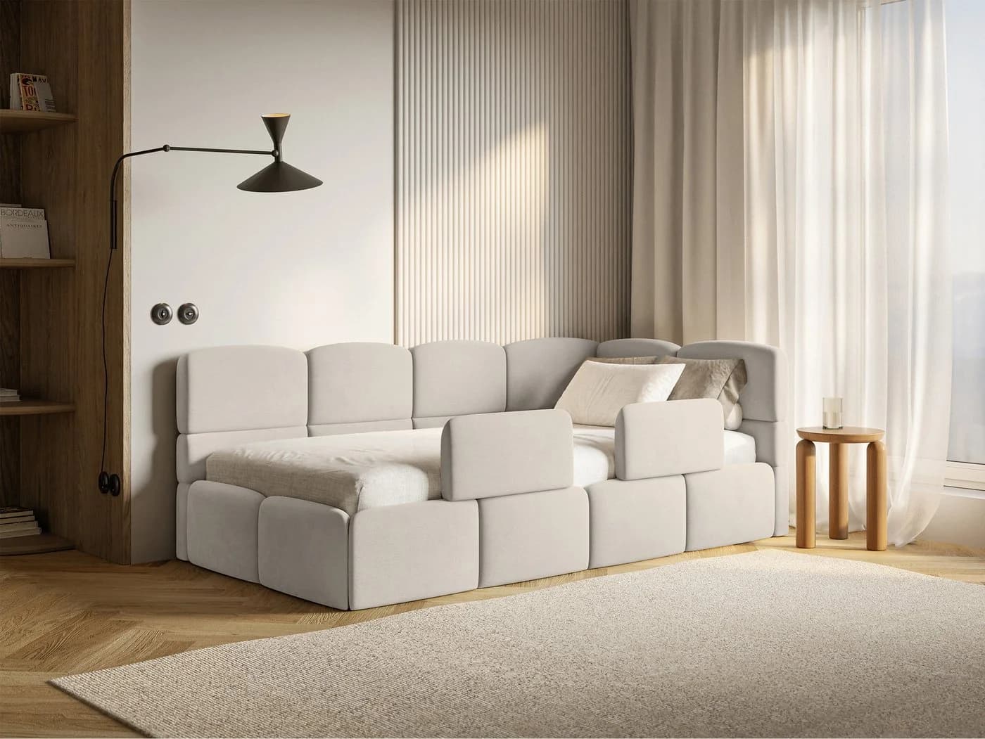 Selsey Kinderbett CLOUDY mit Bettkasten und Rausfallschutz in Beige Samt