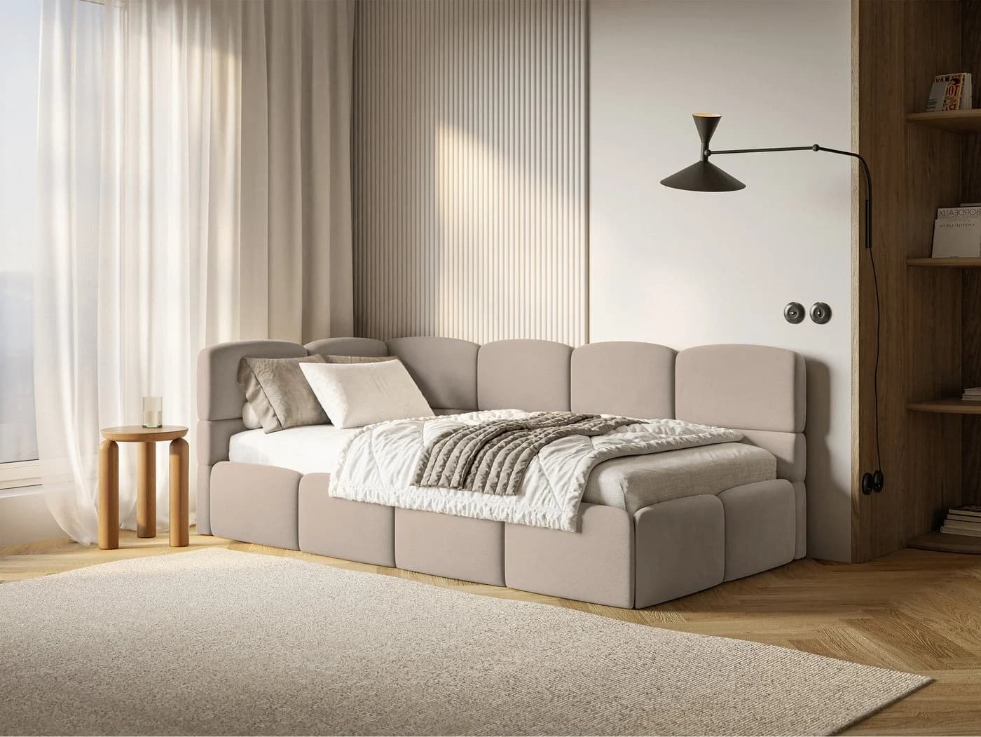 Selsey Jugendbett CLOUDY mit Eck-Kopfteil und Bettkasten Beige