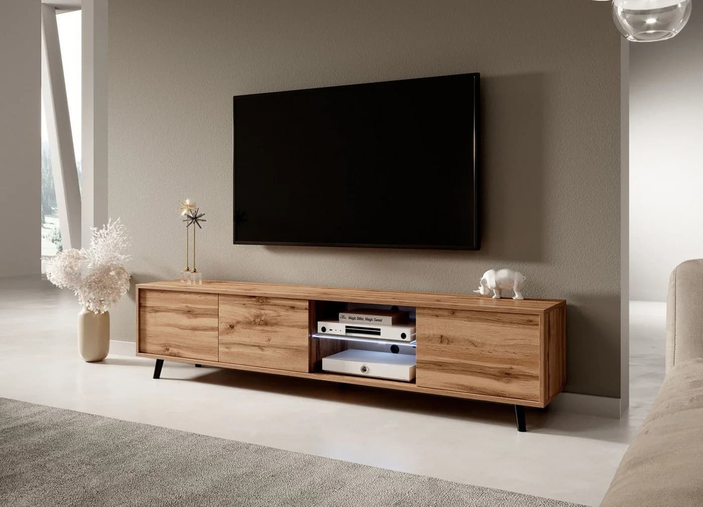 Selsey TV-Lowboard Galhad mit Glasvitrine und Beleuchtung Creme