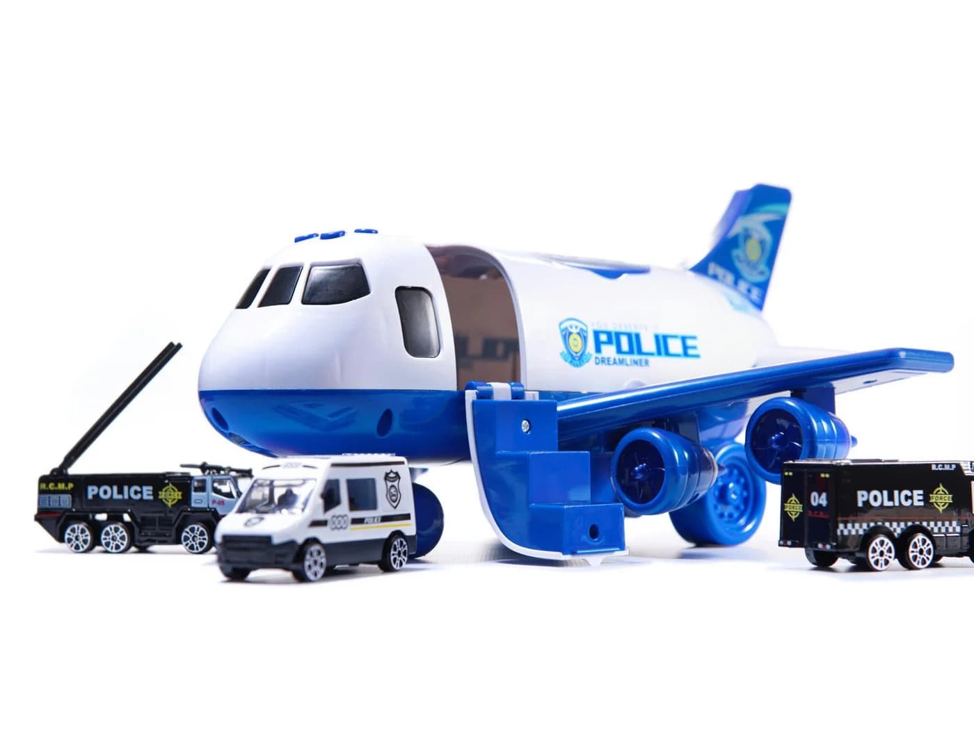 Ikonka Spielzeug-Flugzeugtransporter mit Polizei, Feuerwehr & Baustelle