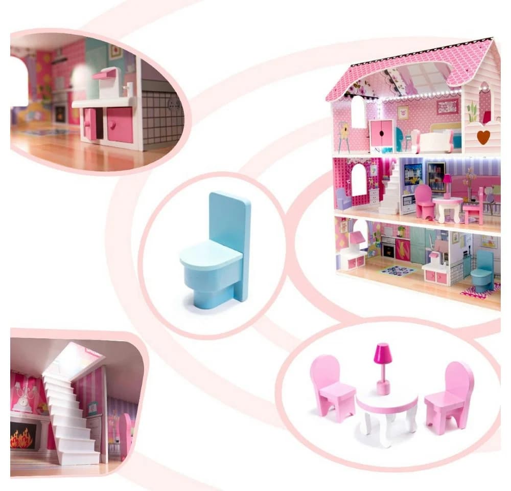 LA CUTE Puppenhaus 3-stöckig mit LED-Beleuchtung und Holzmöbeln