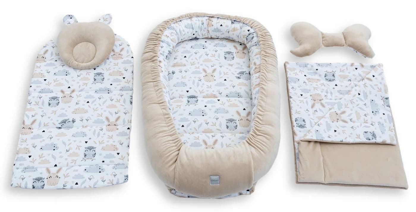 Loolay Kuschelnest Babynest 5-tlg. Set Premium Baumwolle & Samt Velours Beige