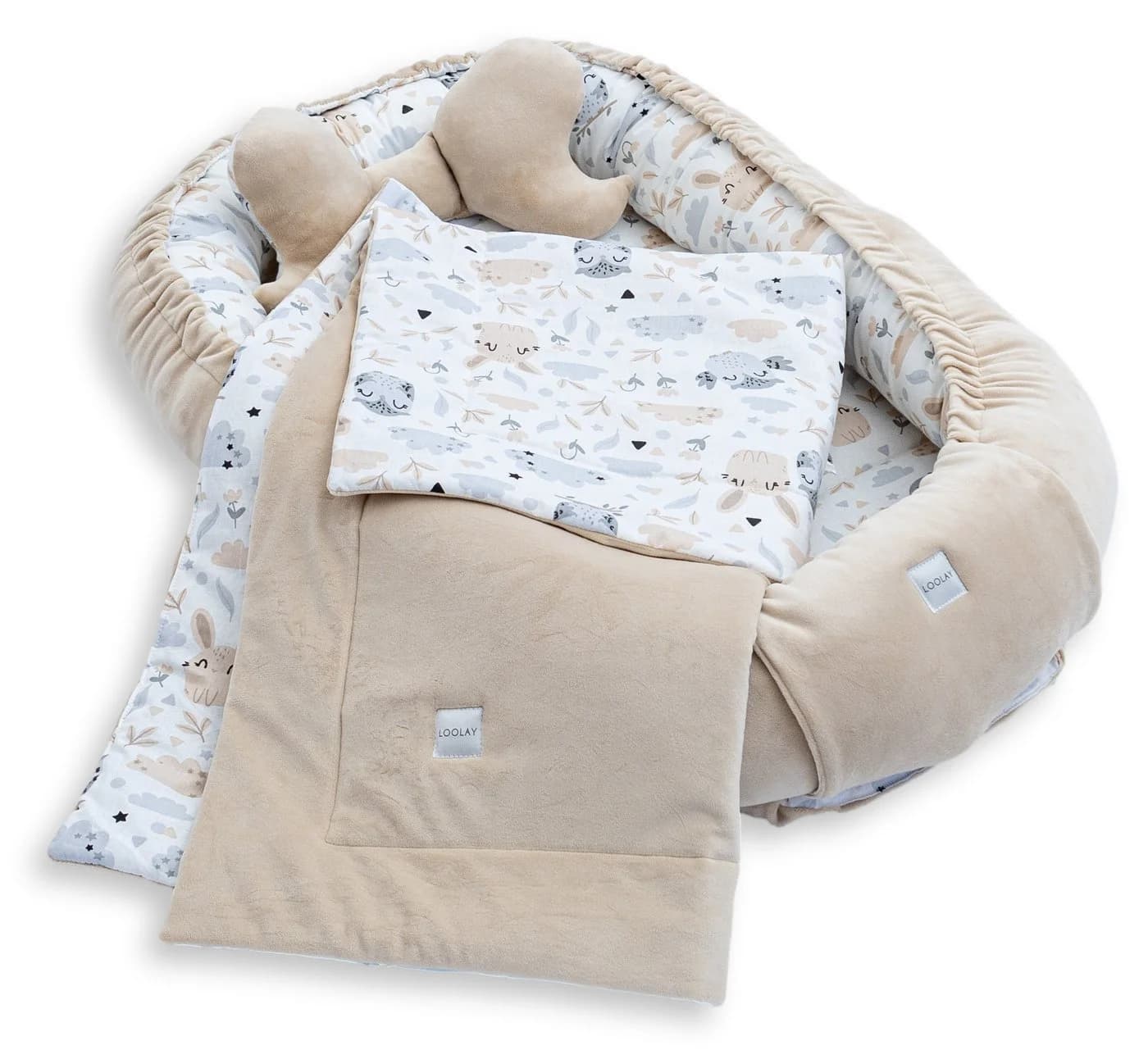 Loolay Kuschelnest Babynest 5-tlg. Set Premium Baumwolle & Samt Velours Beige - Bild 3