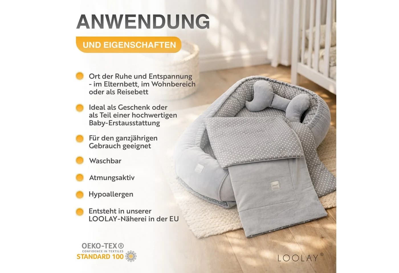 Loolay Kuschelnest BABYNEST SOLO Premium Babyausstattung Rosa Baumwolle & Samt Velours - Bild 4
