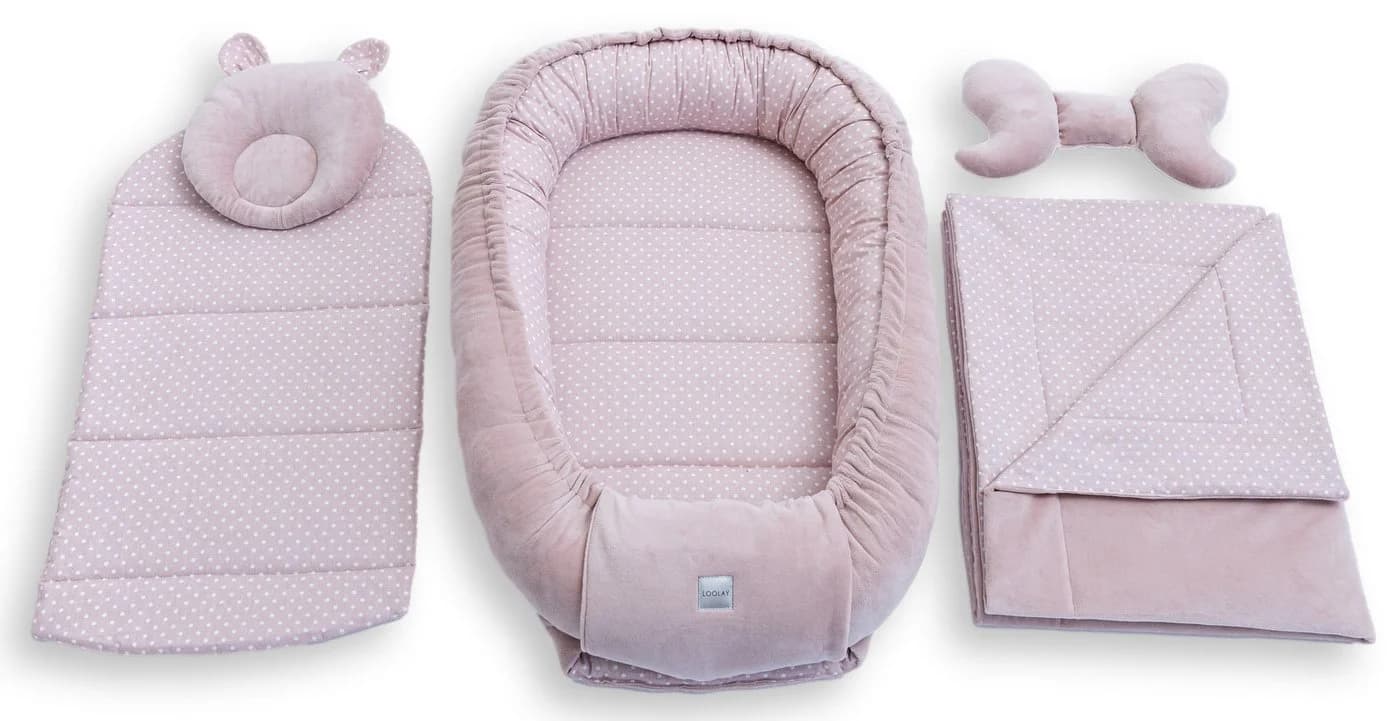 Loolay Kuschelnest BABYNEST 5-tlg. Set Premium Babyausstattung Baumwolle & Samt Velours Rosa