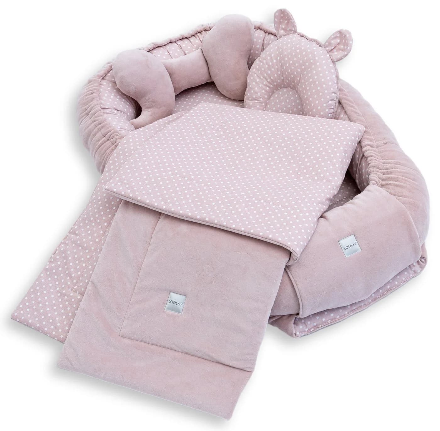 Loolay Kuschelnest BABYNEST 5-tlg. Set Premium Babyausstattung Baumwolle & Samt Velours Rosa - Bild 2