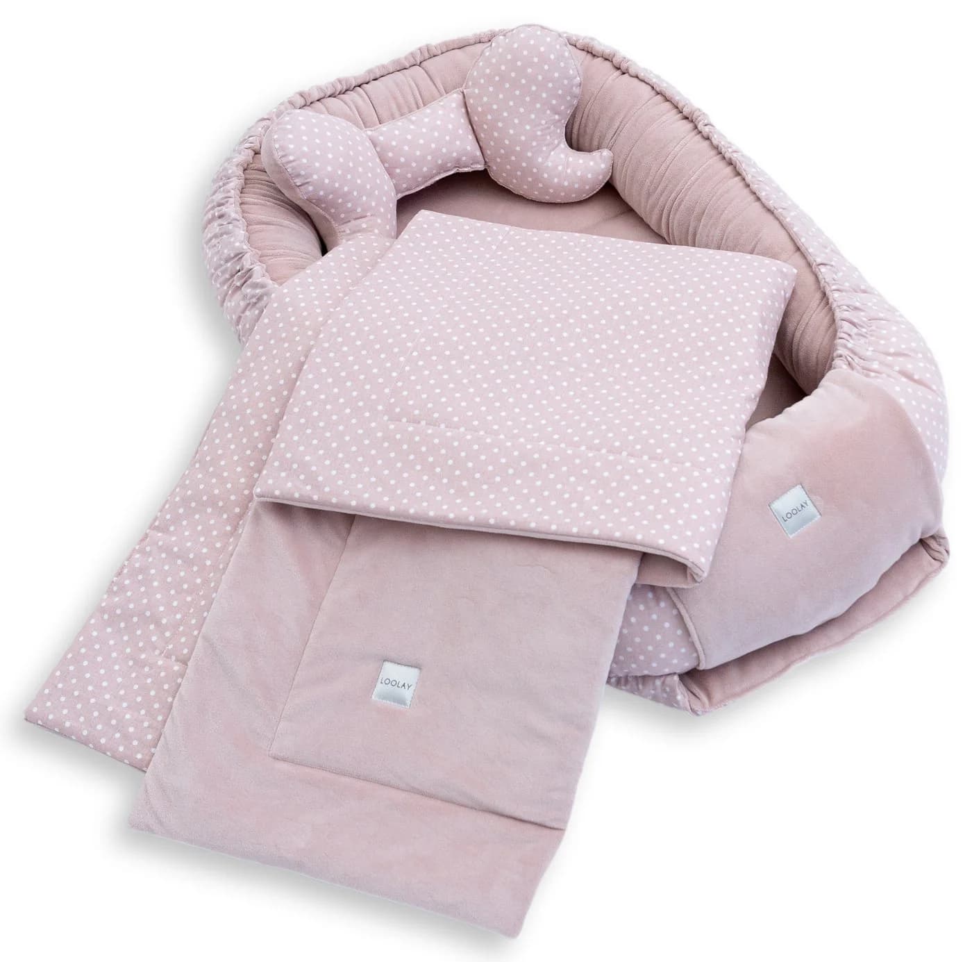 Loolay Kuschelnest BABYNEST 5-tlg. Set Premium Babyausstattung Baumwolle & Samt Velours Rosa - Bild 3