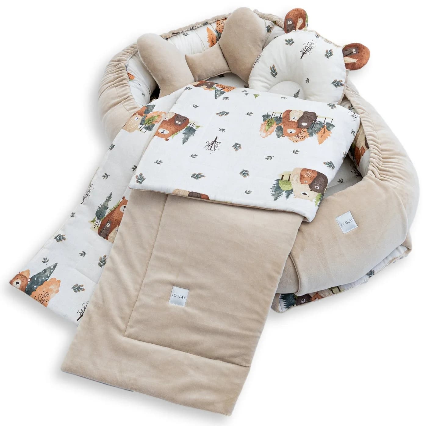 Loolay Kuschelnest BABYNEST 5-tlg. Set PREMIUM Babyausstattung Baumwolle & Samt Velours Beige - Bild 2