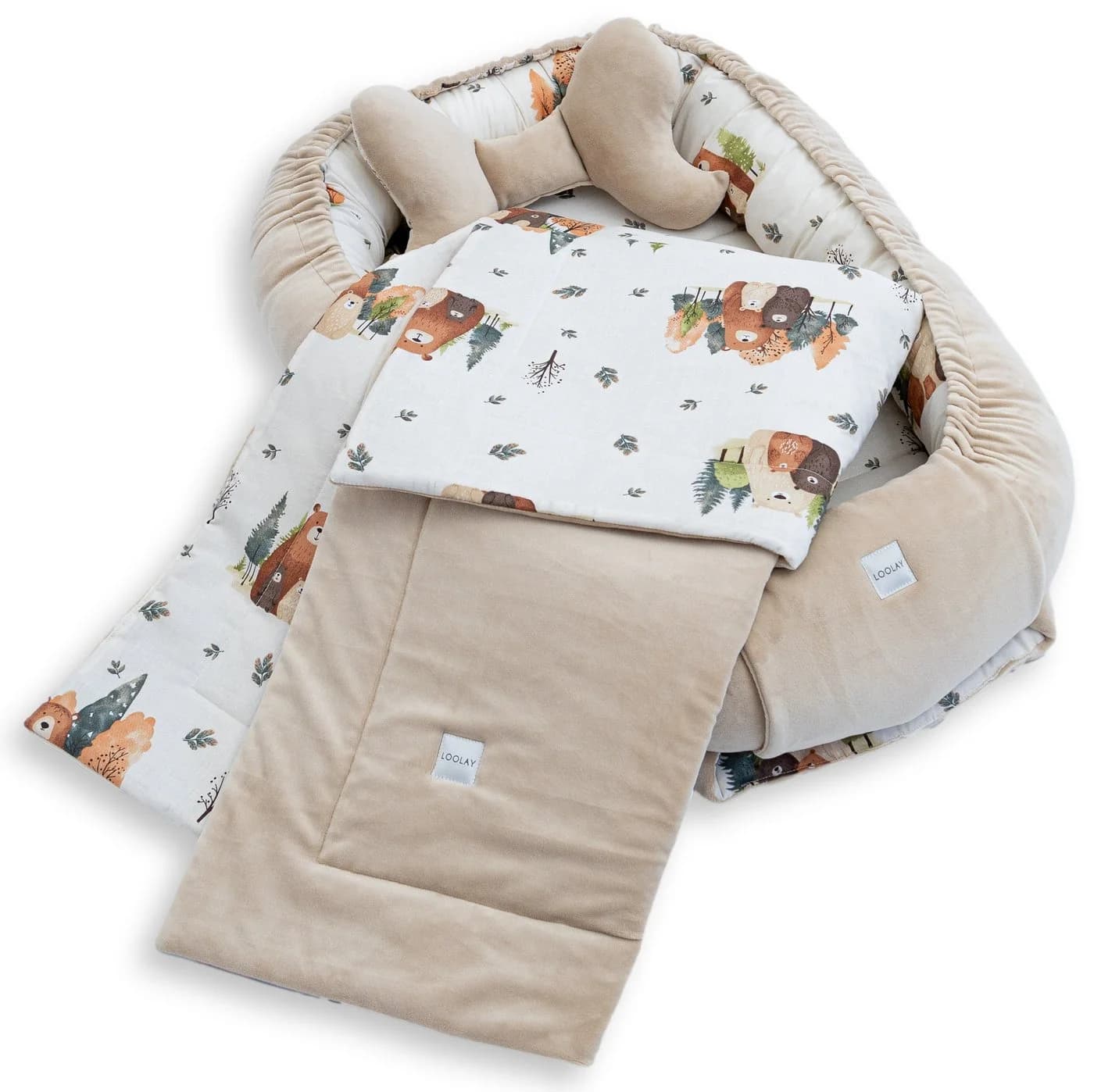 Loolay Kuschelnest BABYNEST 5-tlg. Set PREMIUM Babyausstattung Baumwolle & Samt Velours Beige - Bild 3