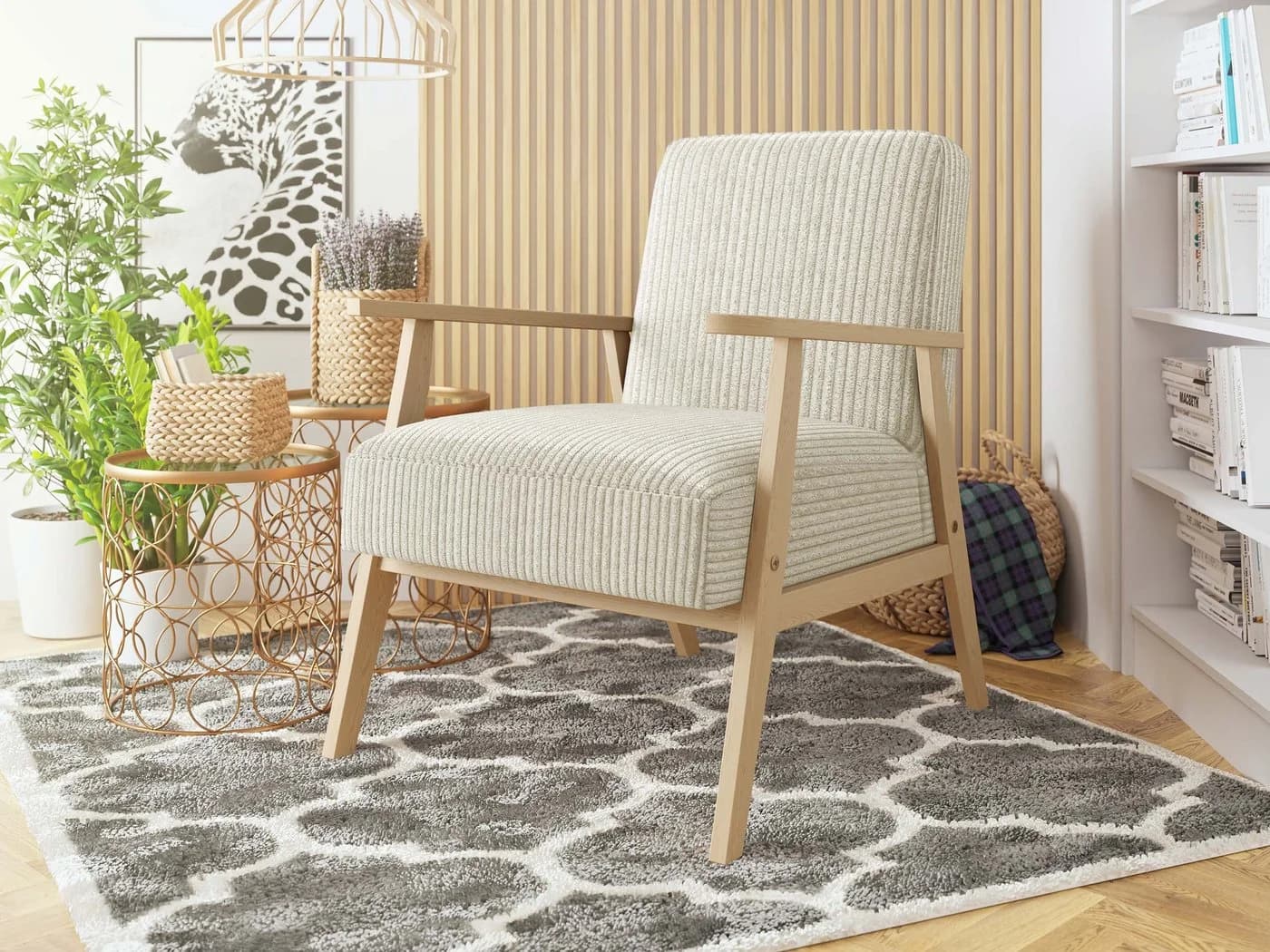 MIRJAN24 Sessel Retro Cord Beige mit Holzarmlehne - Bild 1