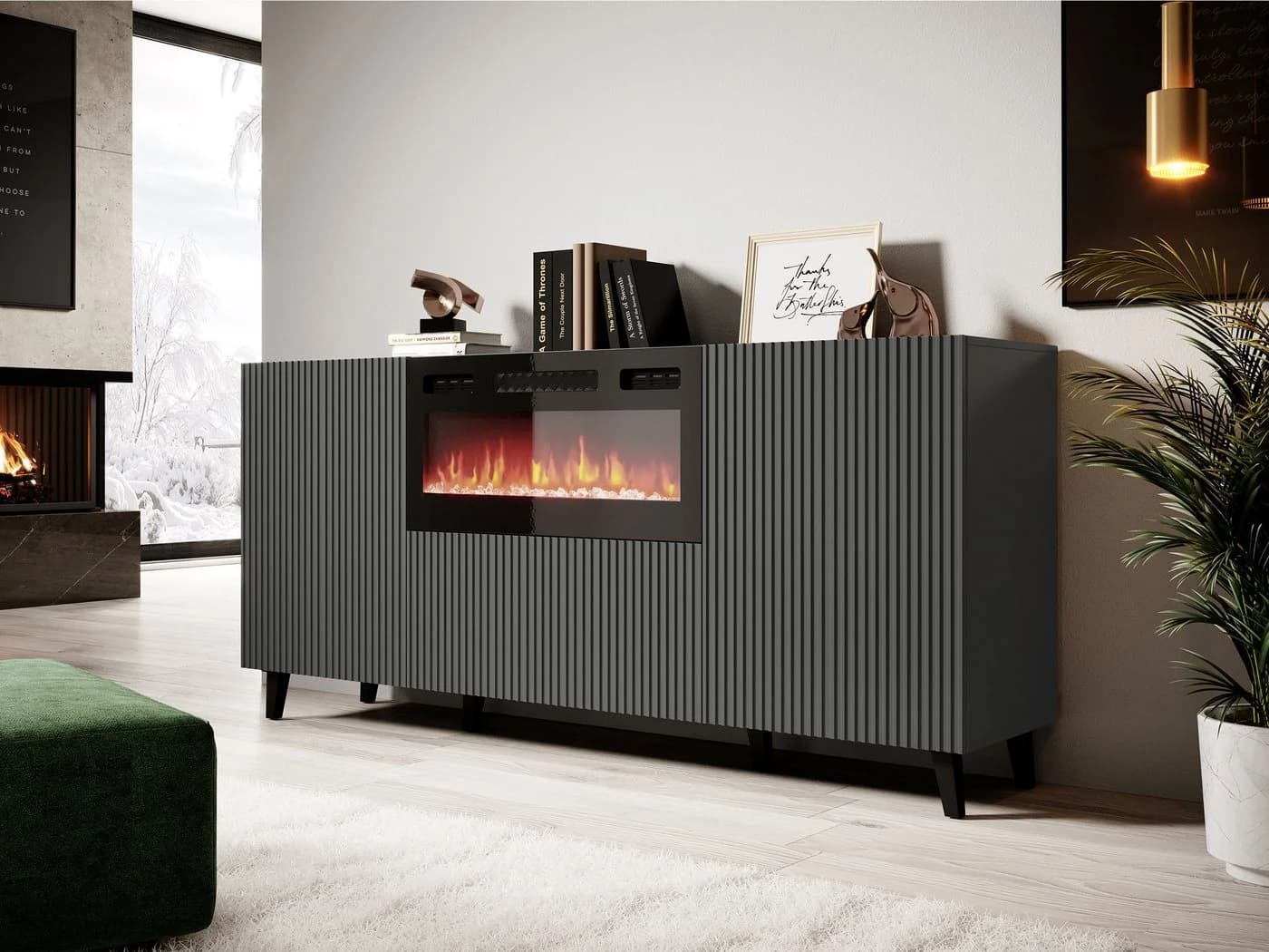 MIRJAN24 Kommode Vamos Grey 180 mit LED-Kamin und Heizfunktion