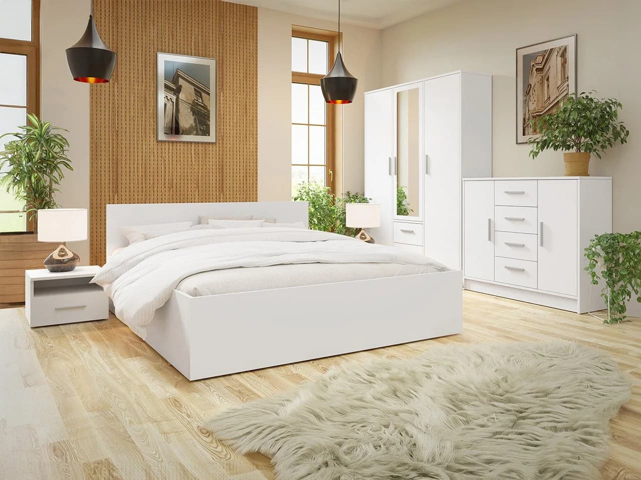 MIRJAN24 Schlafzimmer-Set Tokyo I 160 Weiß mit Lattenrost und Frontspiegel