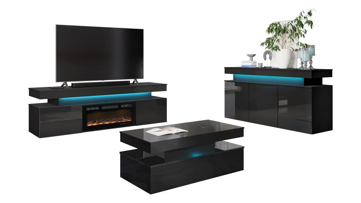 MIRJAN24 Wohnzimmer-Set Glossa II 3er-Set Schwarz Hochglanz mit LED