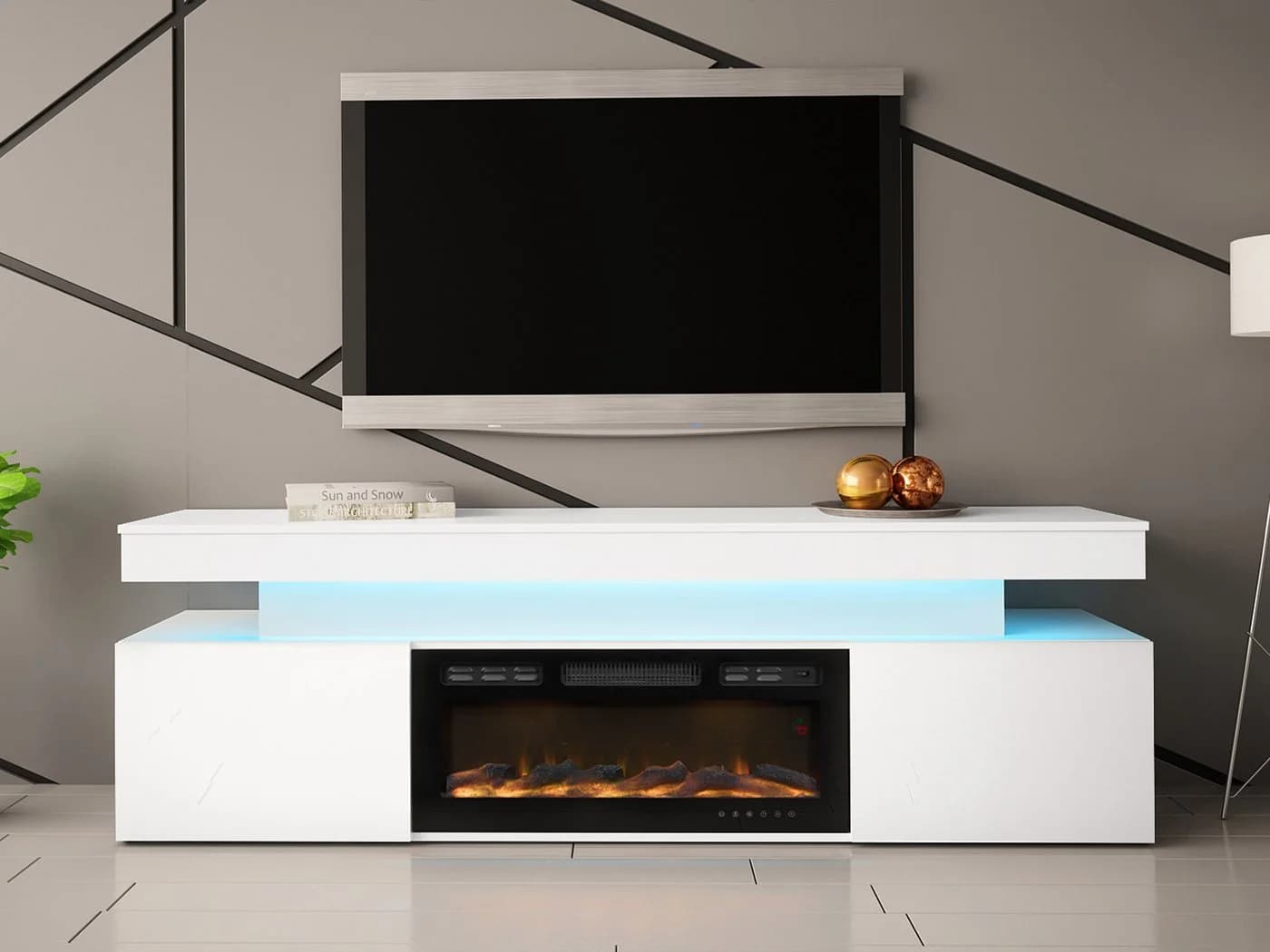 MIRJAN24 TV-Schrank EF 2D Glossa mit LED-Kamin Weiß Hochglanz