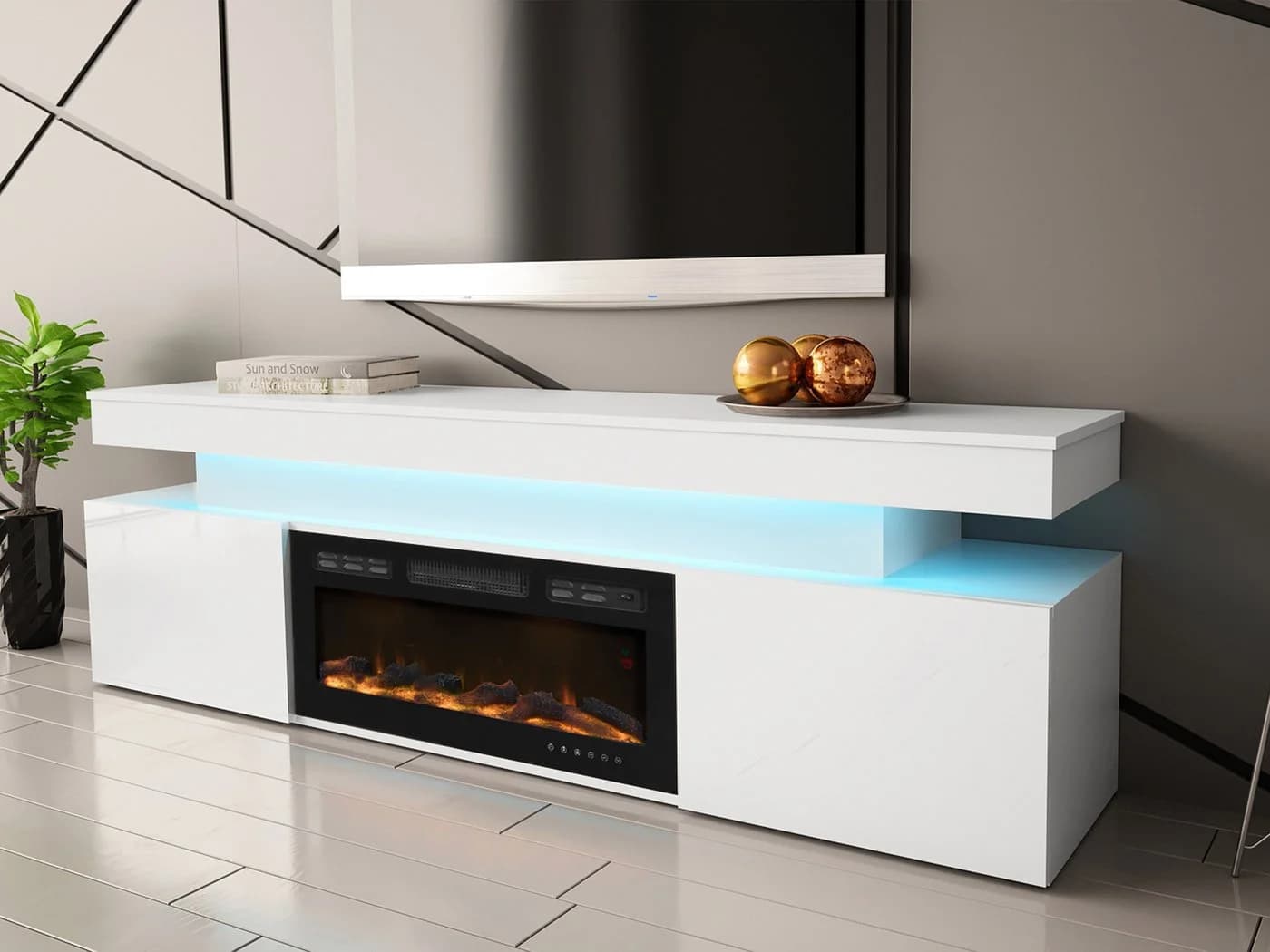 MIRJAN24 TV-Schrank EF 2D Glossa mit LED-Kamin Weiß Hochglanz - Bild 4