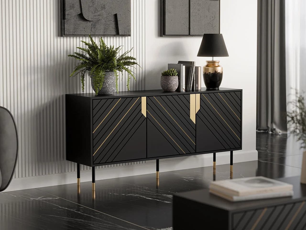 MIRJAN24 Kommode Mountain 3D 150 Schwarz Gold Drehtüren