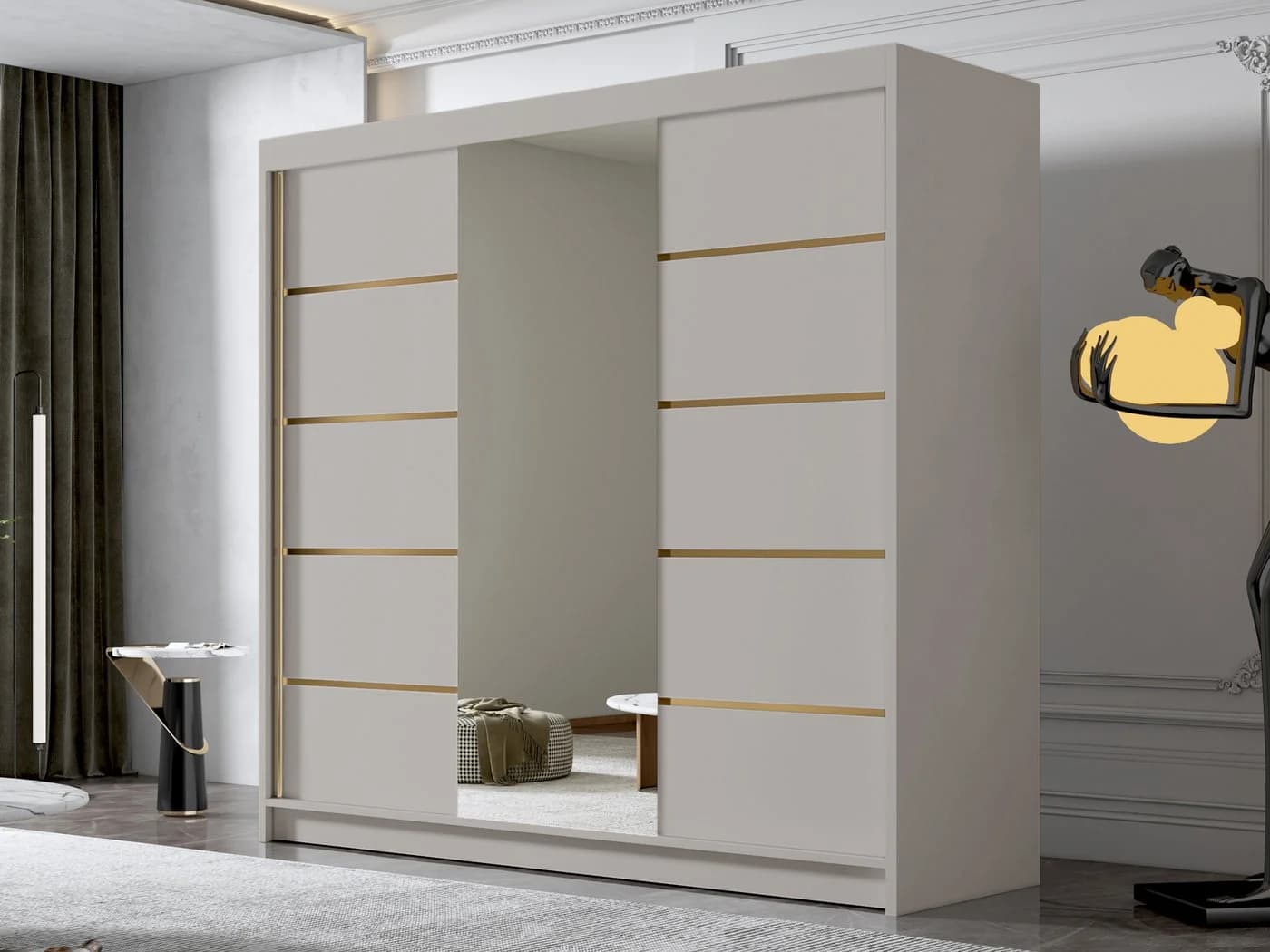 MIRJAN24 Kleiderschrank Evo VI mit Schwebetüren und Spiegel Beige Gold Matt