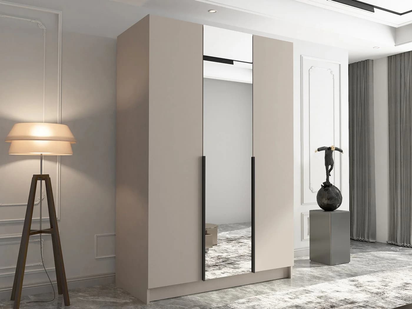 MIRJAN24 Kleiderschrank Calia II mit 3 Drehtüren, Spiegel, Metallgriffe