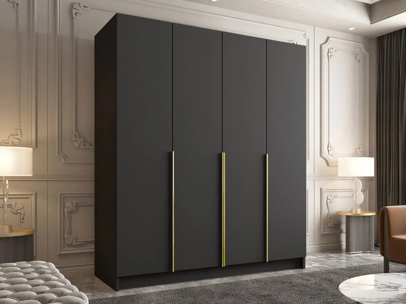 MIRJAN24 Kleiderschrank Santi I 4-türig Schwarz/Gold Metallgriffe