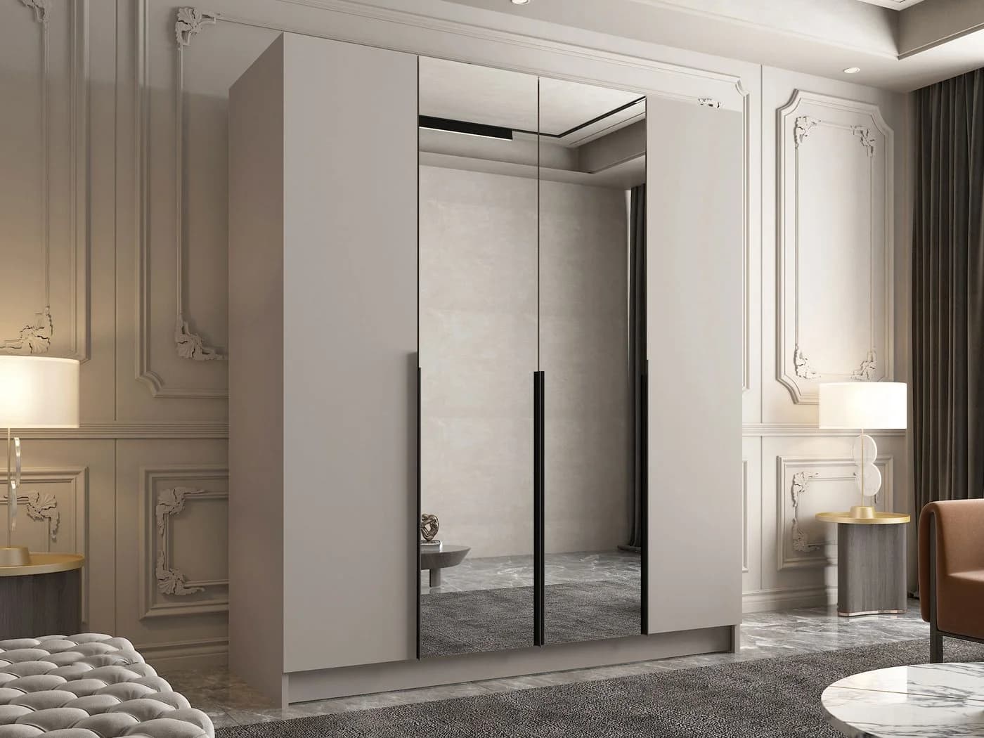 MIRJAN24 Kleiderschrank Santi II Vier Drehtüren Frontspiegel Beige/Schwarz