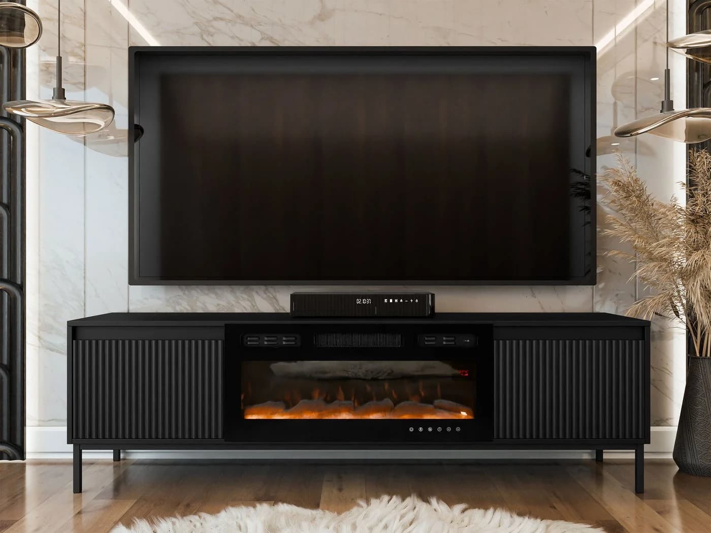 MIRJAN24 TV-Schrank Ozmi 2K EF mit LED-Kamin Schwarz Push-to-Open