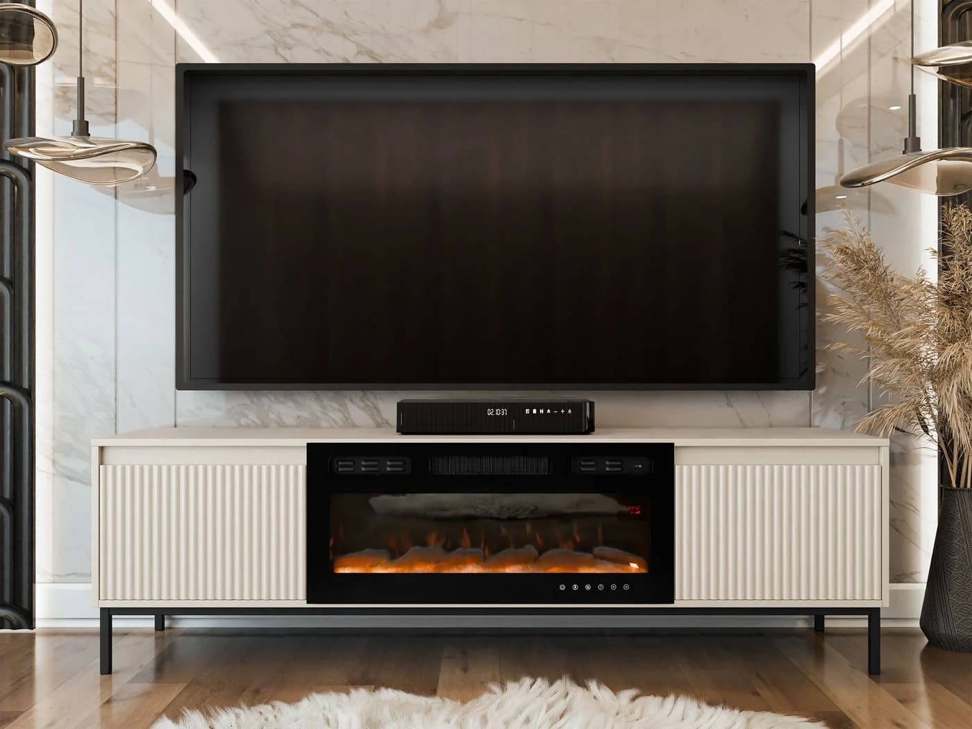 MIRJAN24 TV-Schrank Ozmi 2K EF mit LED-Kamin Beige Schwarz