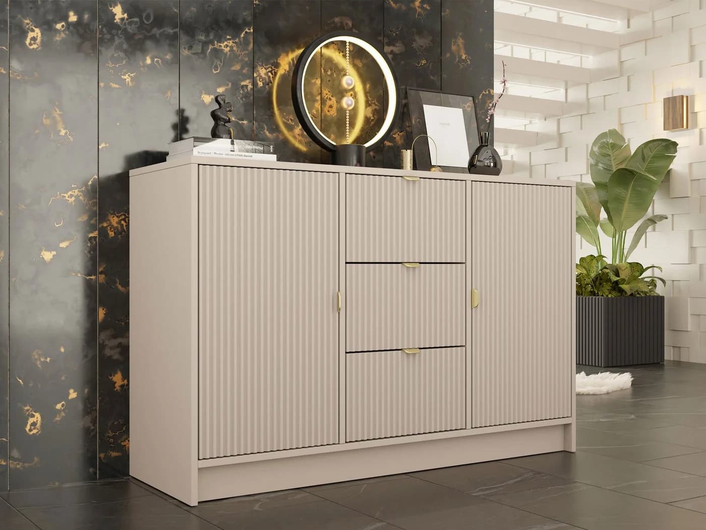 MIRJAN24 Kommode Tireno 2D3SZ Beige mit Goldgriffen - Bild 3