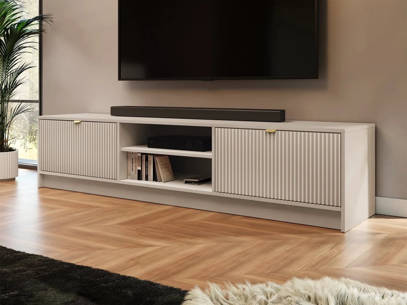 MIRJAN24 TV-Schrank Tireno 2K Beige Gold Aluminiumgriff