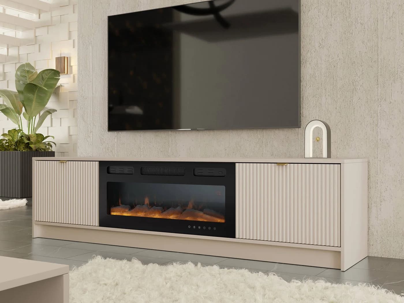 MIRJAN24 TV-Schrank Tireno mit LED-Kamin Beige/Gold