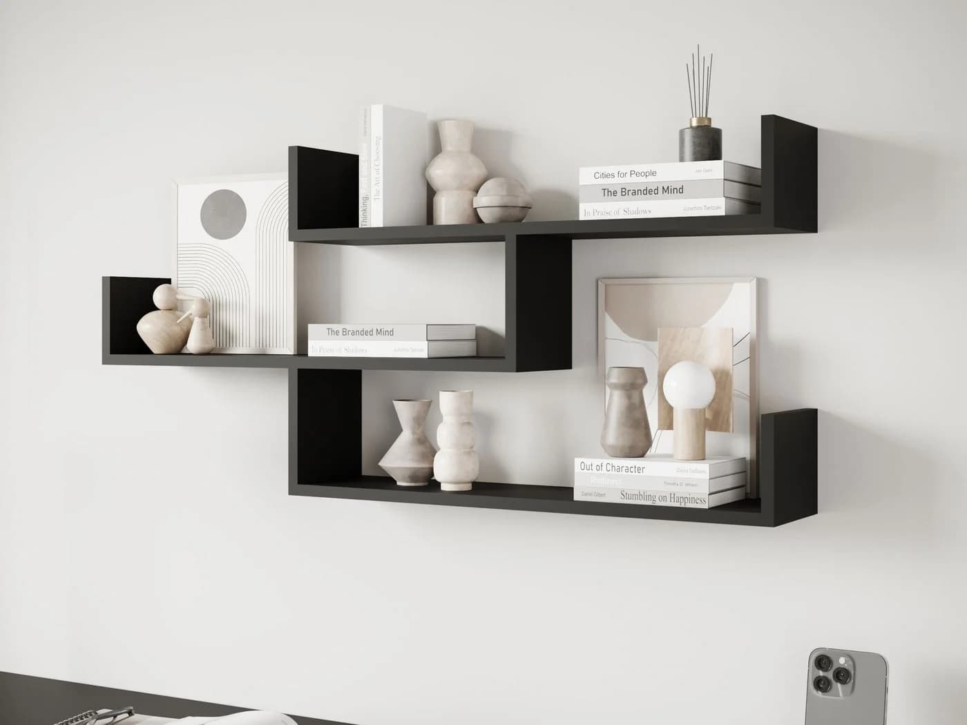MIRJAN24 Wandregal Trio 003 Schwarz Hängeregal mit Haken