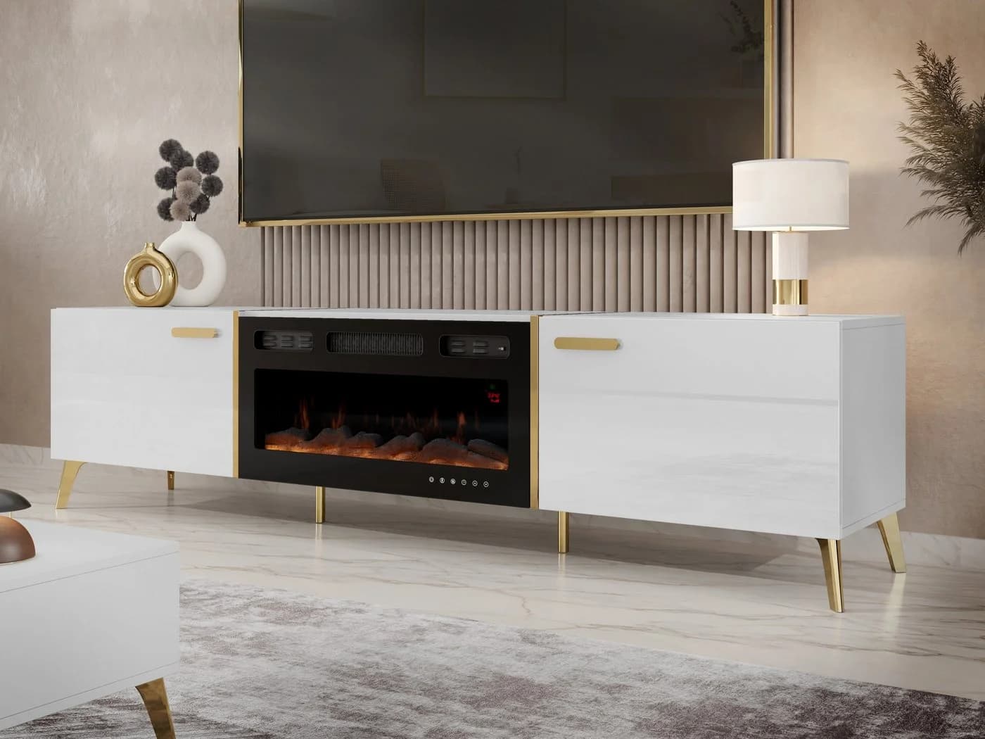 MIRJAN24 TV-Schrank Picru 2D EF mit LED-Kamin Weiß/Gold