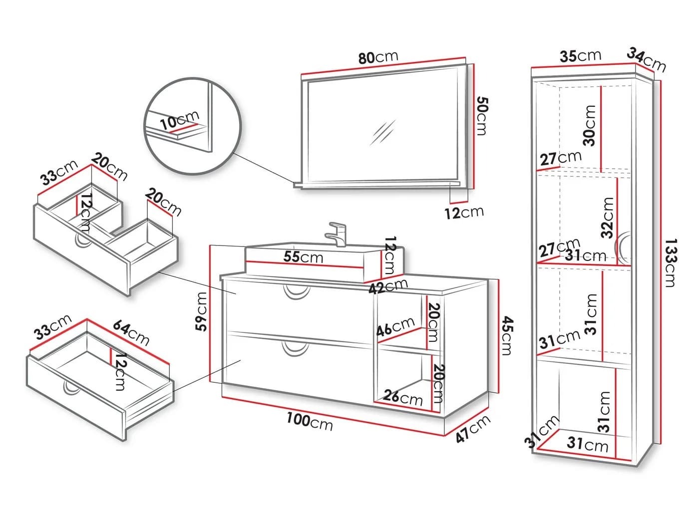 MIRJAN24 Badmöbel-Set 14er mit Spiegel, Schrank & Becken - Bild 5