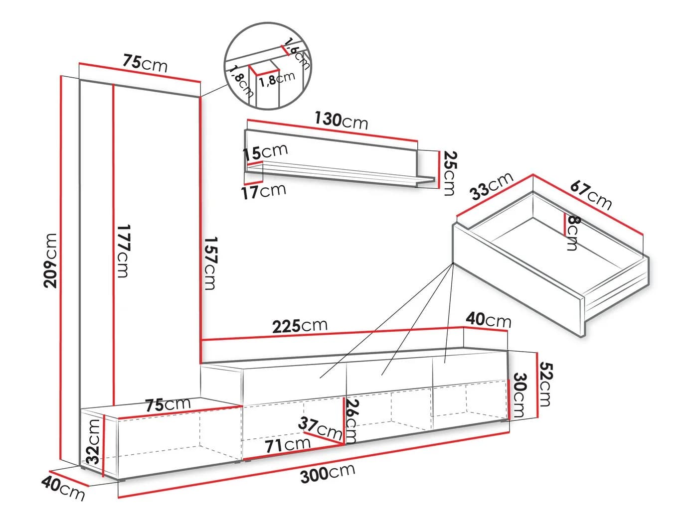 MIRJAN24 Wohnwand Narezi II TV-Lowboard Wandboard Wandpaneel Griffloses Öffnungssystem - Bild 4