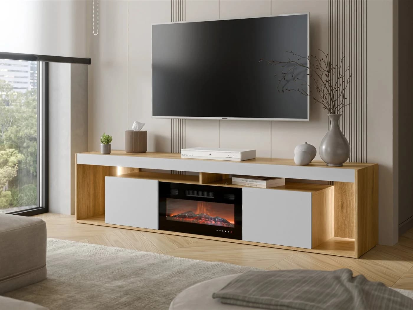 MIRJAN24 TV-Schrank Fiore EF 2D mit Kamin Beige/Grau