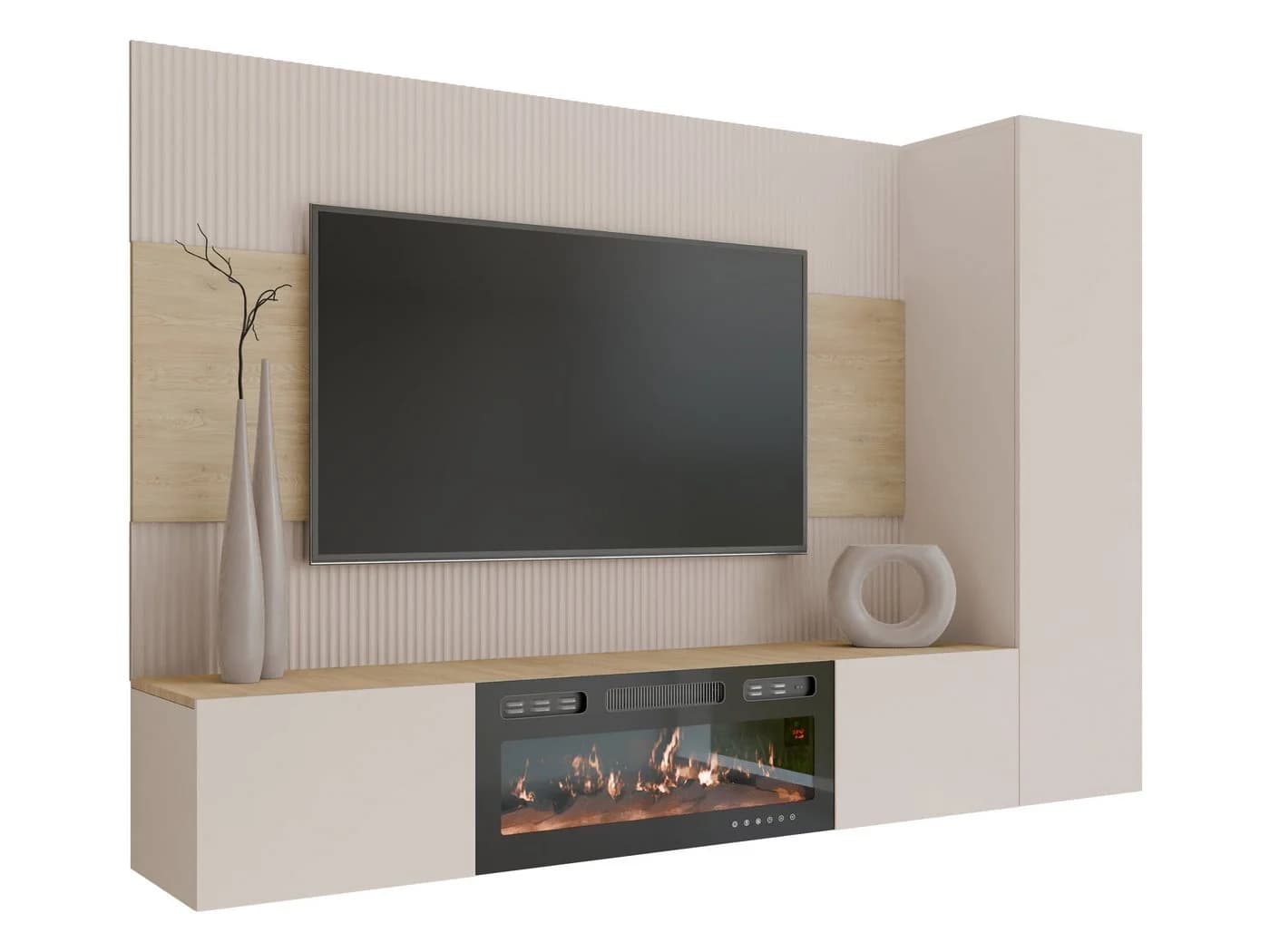 MIRJAN24 Wohnwand Deromi VI mit Kamin Sandbeige Eiche