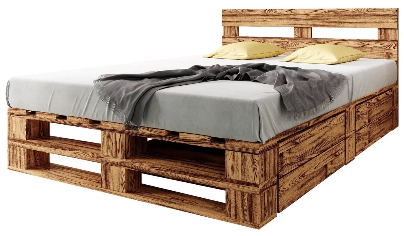 sunnypillow Palettenbett M2 Holz mit Kopfteil und Schubladen - Bild 2