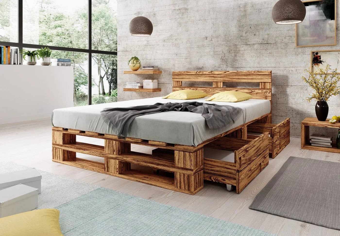sunnypillow Palettenbett M2 Holz mit Kopfteil und Schubladen - Bild 3