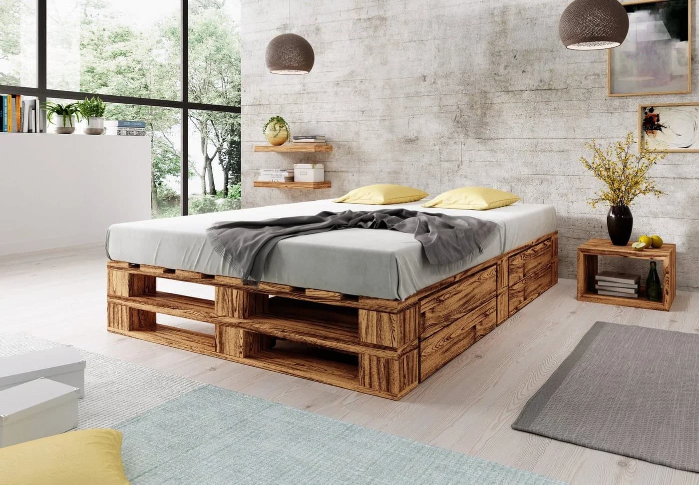 sunnypillow Palettenbett M2 Holz mit Bettkästen Schubladen Geflammt