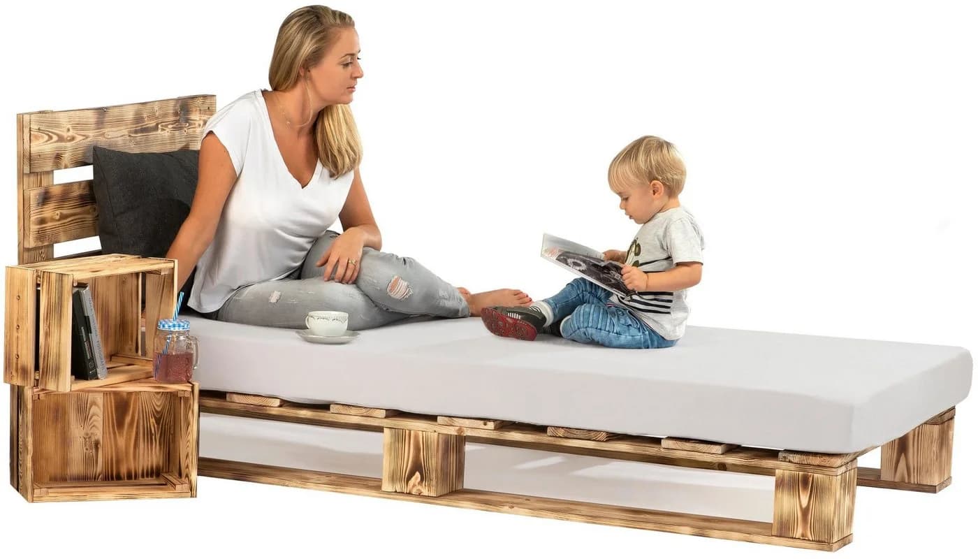 sunnypillow Palettenbett mit Kopfteil Holzbett Geflammt