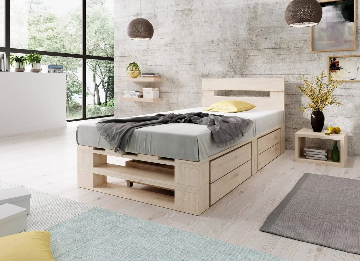 sunnypillow Palettenbett M2 aus Holz mit Kopfteil und 2 Bettkästen Natur