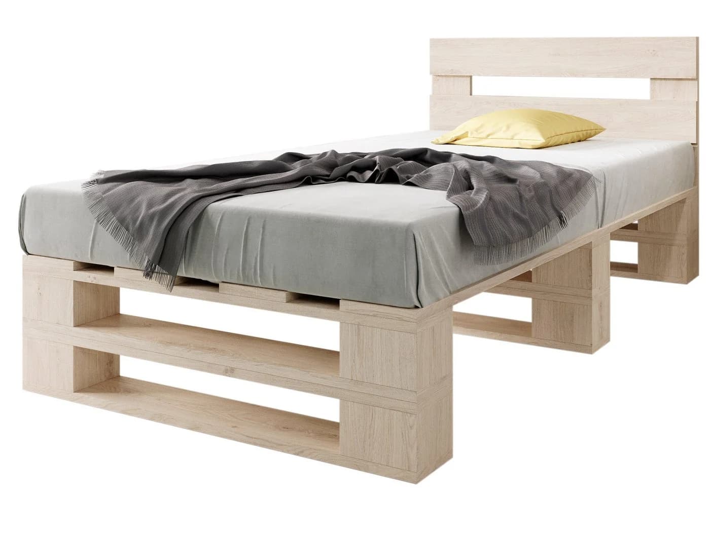sunnypillow Palettenbett M2 aus Holz mit Kopfteil und 2 Bettkästen Natur - Bild 2